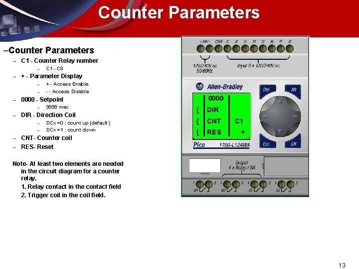 Counter Parameters – C 1 - Counter Relay number – – + - Parameter