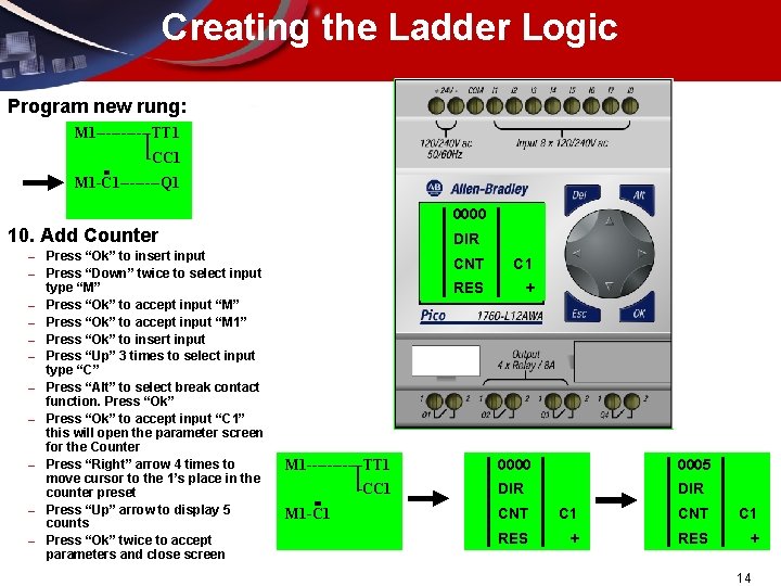 Creating the Ladder Logic Program new rung: M 1 ------TT 1 -CC 1 M