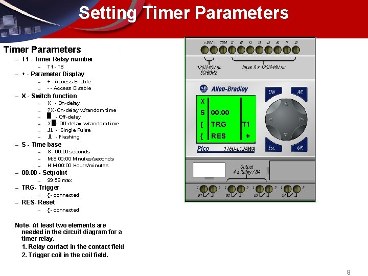 Setting Timer Parameters – T 1 - Timer Relay number – – + -