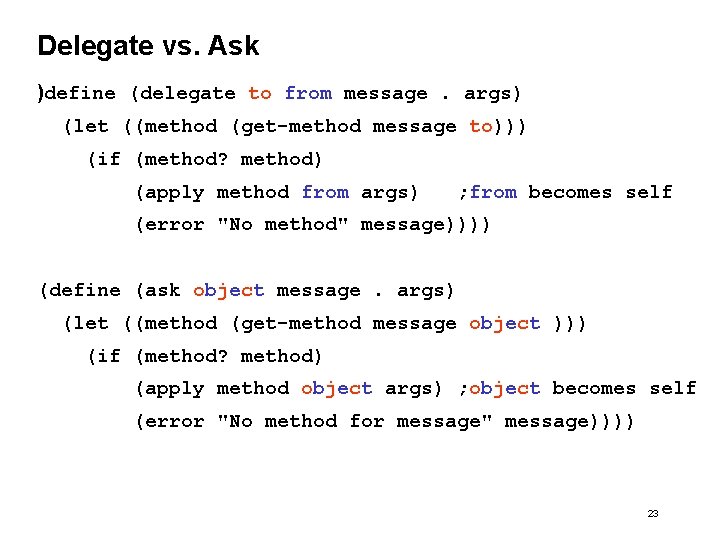 Delegate vs. Ask )define (delegate to from message. args) (let ((method (get-method message to)))