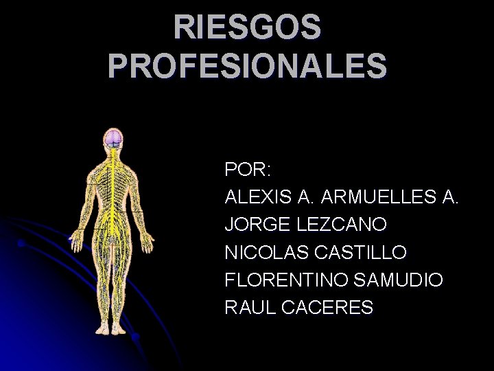 RIESGOS PROFESIONALES POR: ALEXIS A. ARMUELLES A. JORGE LEZCANO NICOLAS CASTILLO FLORENTINO SAMUDIO RAUL