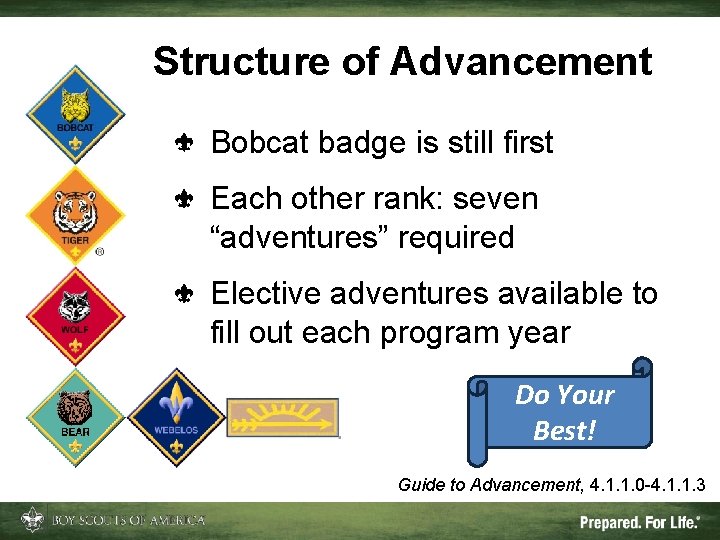 Structure of Advancement Bobcat badge is still first Each other rank: seven “adventures” required