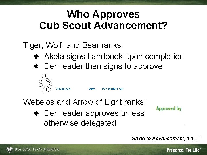 Who Approves Cub Scout Advancement? Tiger, Wolf, and Bear ranks: Akela signs handbook upon
