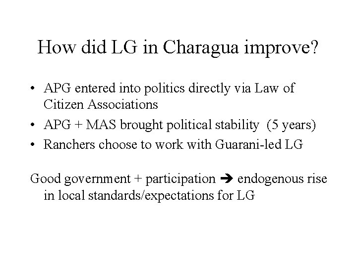 How did LG in Charagua improve? • APG entered into politics directly via Law