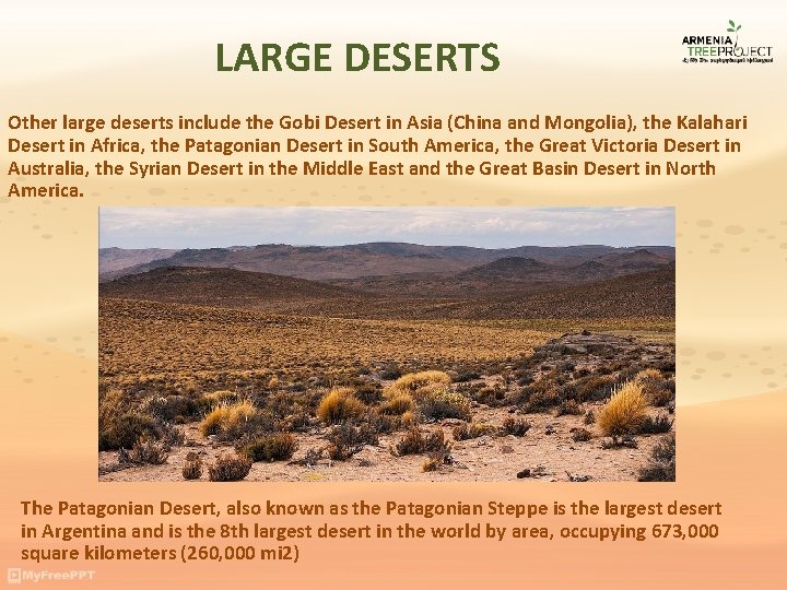 LARGE DESERTS Other large deserts include the Gobi Desert in Asia (China and Mongolia),