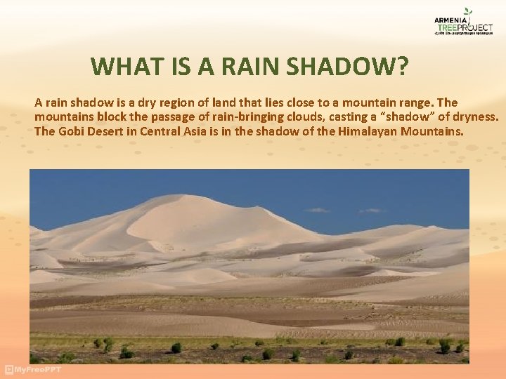 WHAT IS A RAIN SHADOW? A rain shadow is a dry region of land