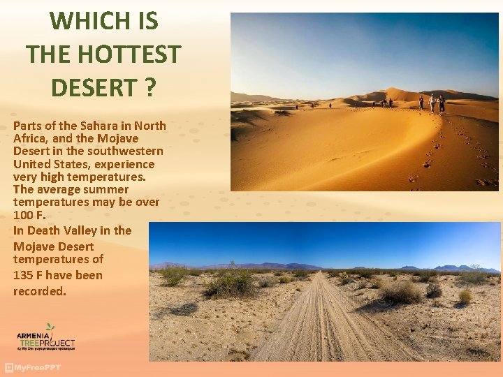 WHICH IS THE HOTTEST DESERT ? Parts of the Sahara in North Africa, and