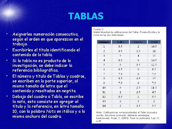 TABLAS • Asignarles numeración consecutiva, • • según el orden en que aparezcan en