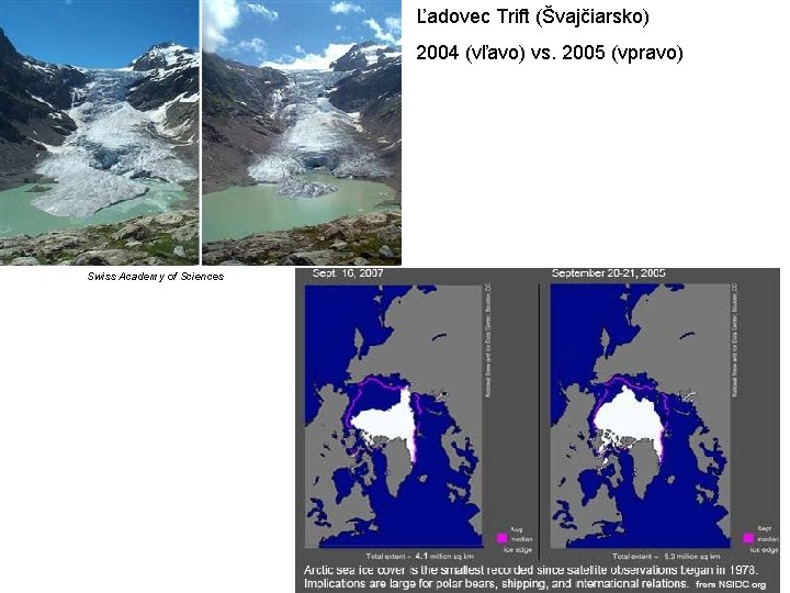 Ľadovec Trift (Švajčiarsko) 2004 (vľavo) vs. 2005 (vpravo) Swiss Academy of Sciences 