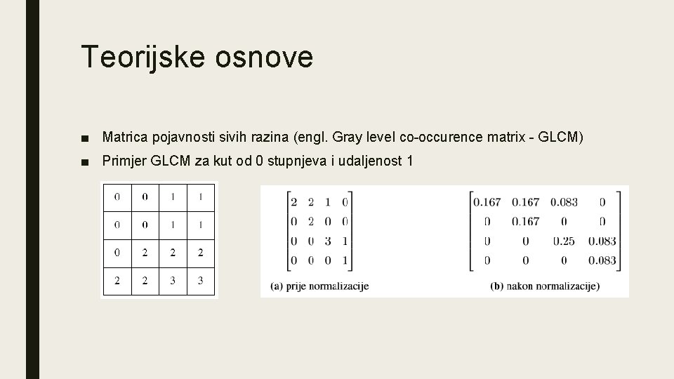 Teorijske osnove ■ Matrica pojavnosti sivih razina (engl. Gray level co-occurence matrix - GLCM)