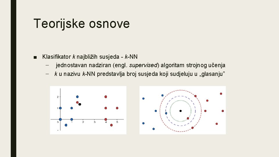 Teorijske osnove ■ Klasiﬁkator k najbližih susjeda - k-NN – jednostavan nadziran (engl. supervised)