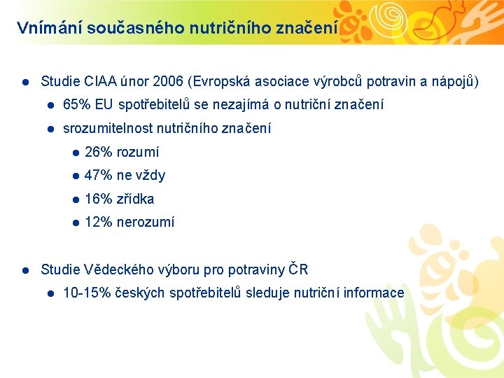 Vnímání současného nutričního značení l l Studie CIAA únor 2006 (Evropská asociace výrobců potravin