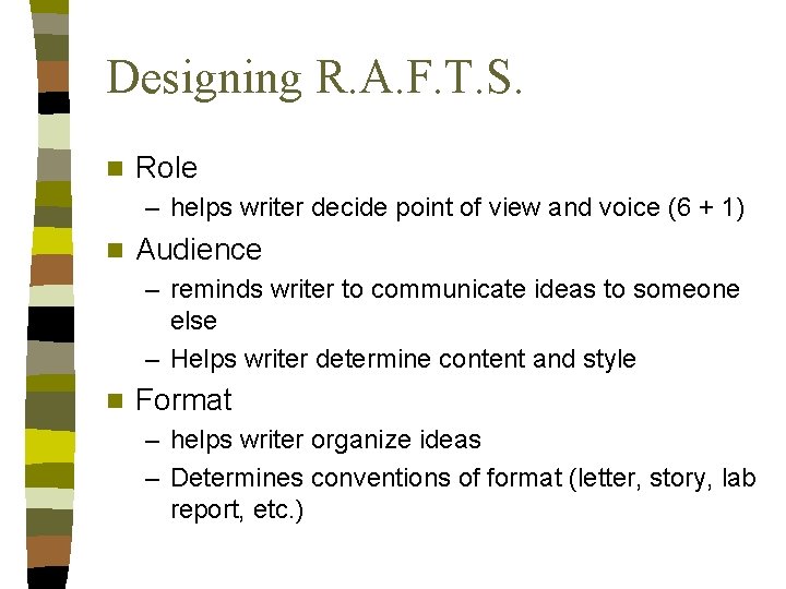 Designing R. A. F. T. S. n Role – helps writer decide point of