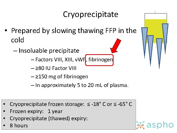 Cryoprecipitate • Prepared by slowing thawing FFP in the cold – Insoluable precipitate –