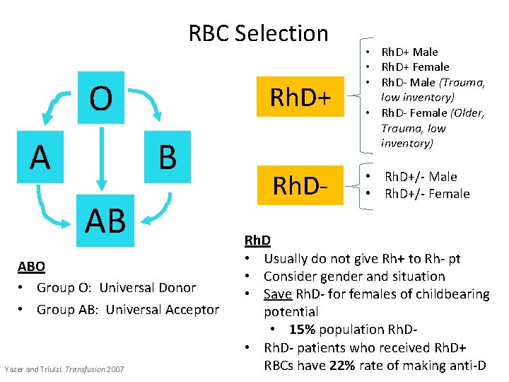 RBC Selection O A B AB ABO • Group O: Universal Donor • Group