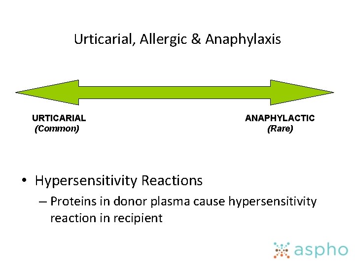 Urticarial, Allergic & Anaphylaxis URTICARIAL (Common) ANAPHYLACTIC (Rare) • Hypersensitivity Reactions – Proteins in