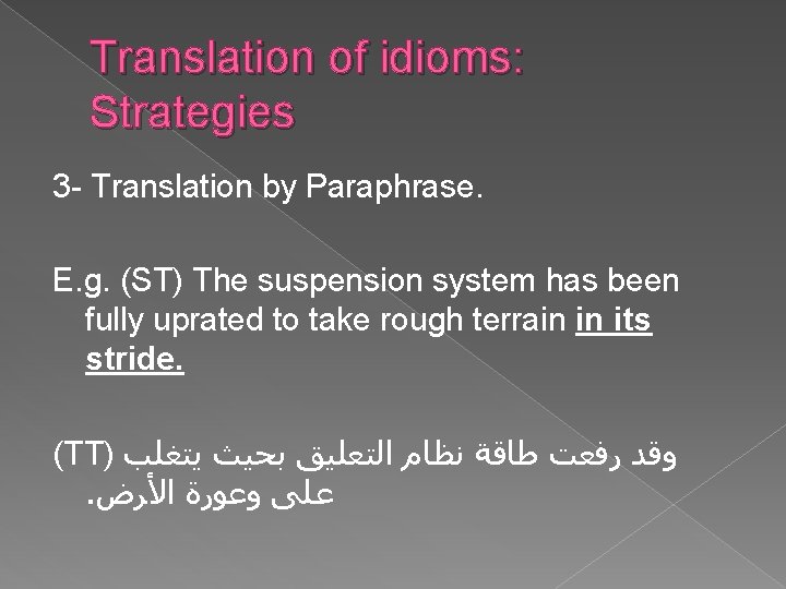 Translation of idioms: Strategies 3 - Translation by Paraphrase. E. g. (ST) The suspension