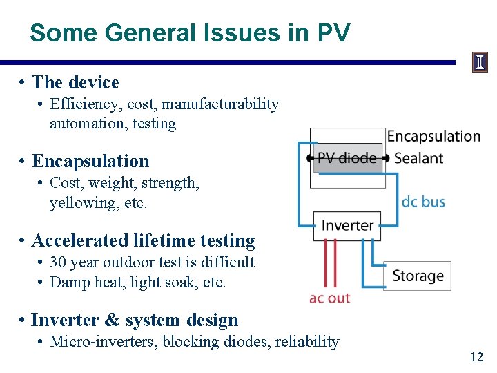 Some General Issues in PV • The device • Efficiency, cost, manufacturability automation, testing