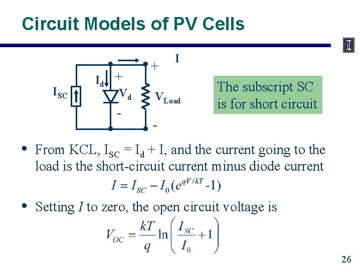 Circuit Models of PV Cells ISC Id + Vd - + I VLoad The