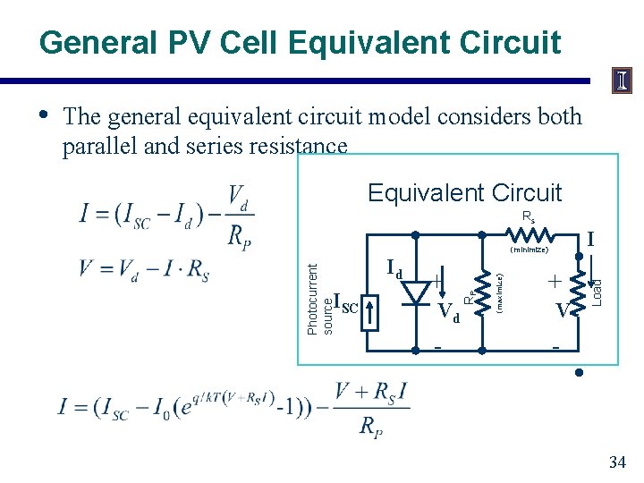 General PV Cell Equivalent Circuit The general equivalent circuit model considers both parallel and