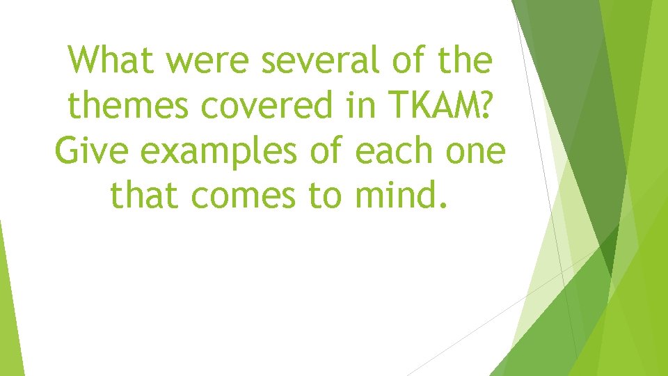 What were several of themes covered in TKAM? Give examples of each one that