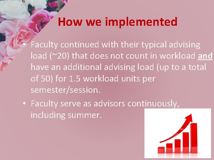 How we implemented • Faculty continued with their typical advising load (~20) that does