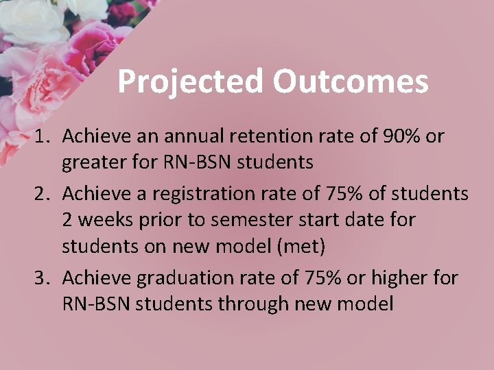 Projected Outcomes 1. Achieve an annual retention rate of 90% or greater for RN-BSN