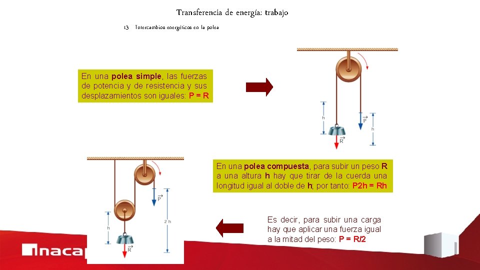 Transferencia de energía: trabajo 13 Intercambios energéticos en la polea En una polea simple,