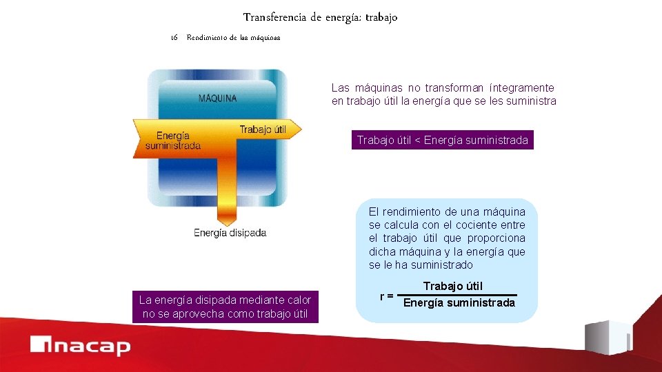 Transferencia de energía: trabajo 16 Rendimiento de las máquinas Las máquinas no transforman íntegramente