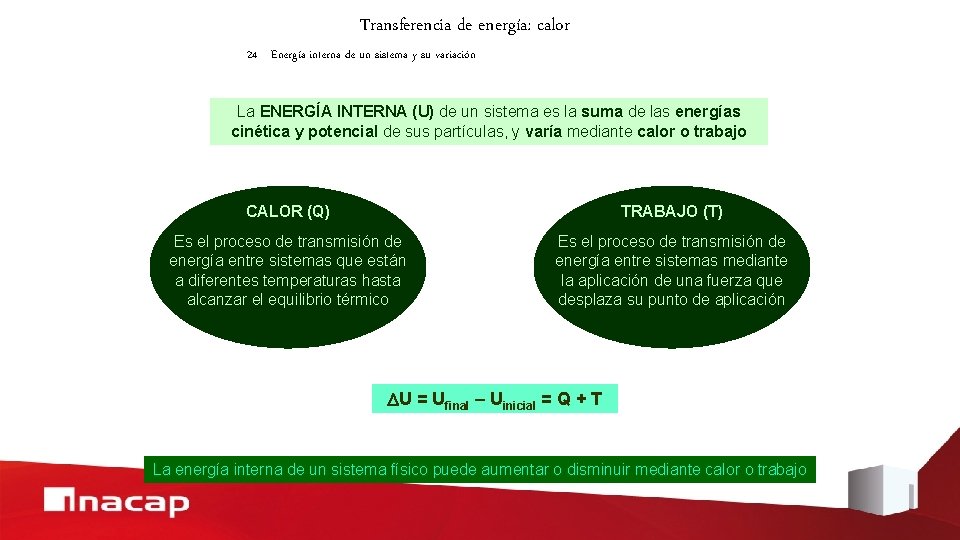 Transferencia de energía: calor 24 Energía interna de un sistema y su variación La