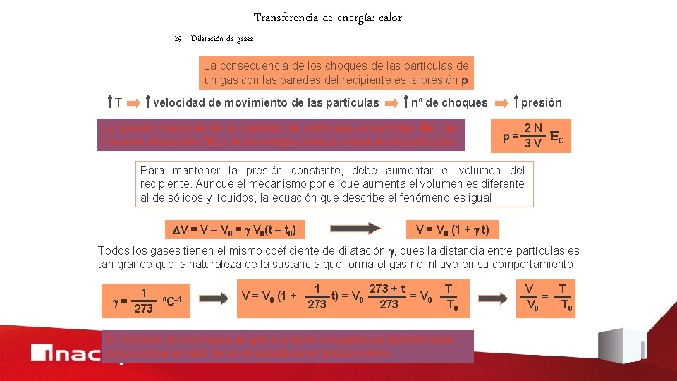 Transferencia de energía: calor 29 Dilatación de gases La consecuencia de los choques de