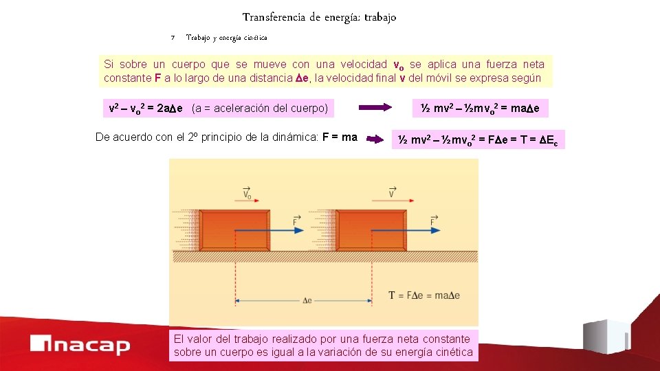 Transferencia de energía: trabajo 7 Trabajo y energía cinética Si sobre un cuerpo que