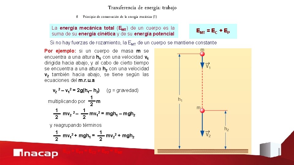 Transferencia de energía: trabajo 8 Principio de conservación de la energía mecánica (I) La