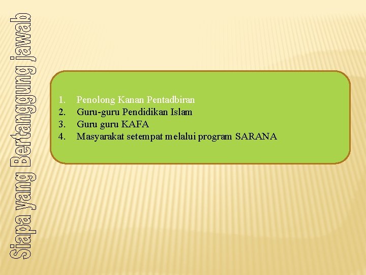 1. 2. 3. 4. Penolong Kanan Pentadbiran Guru-guru Pendidikan Islam Guru guru KAFA Masyarakat