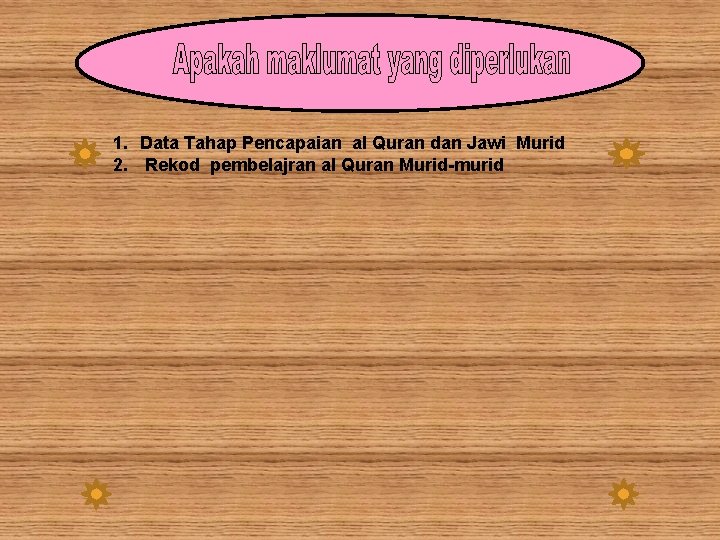 1. Data Tahap Pencapaian al Quran dan Jawi Murid 2. Rekod pembelajran al Quran