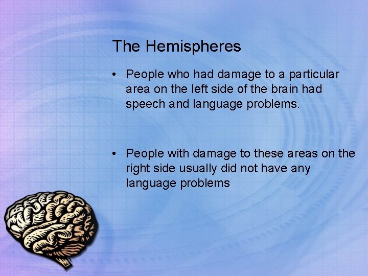 The Hemispheres • People who had damage to a particular area on the left