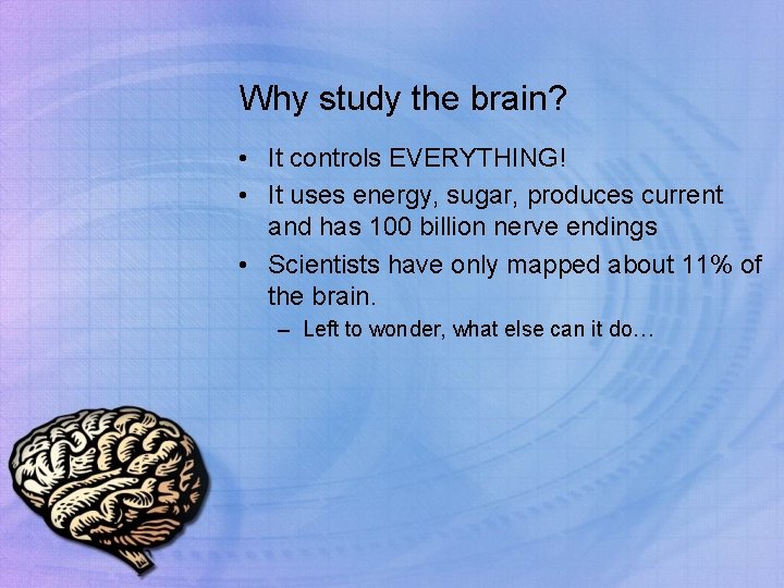 Why study the brain? • It controls EVERYTHING! • It uses energy, sugar, produces