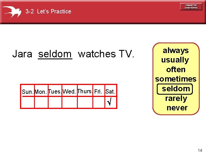 3 -2 Let’s Practice Jara ______ seldom watches TV. Sun. Mon. Tues. Wed. Thurs.