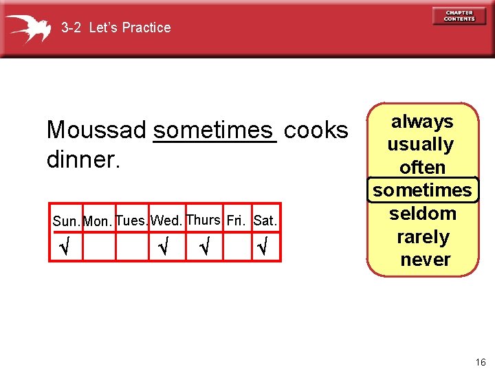 3 -2 Let’s Practice Moussad _____ sometimes cooks dinner. Sun. Mon. Tues. Wed. Thurs.