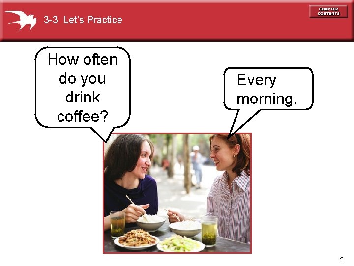 3 -3 Let’s Practice How often do you drink coffee? Every morning. 21 