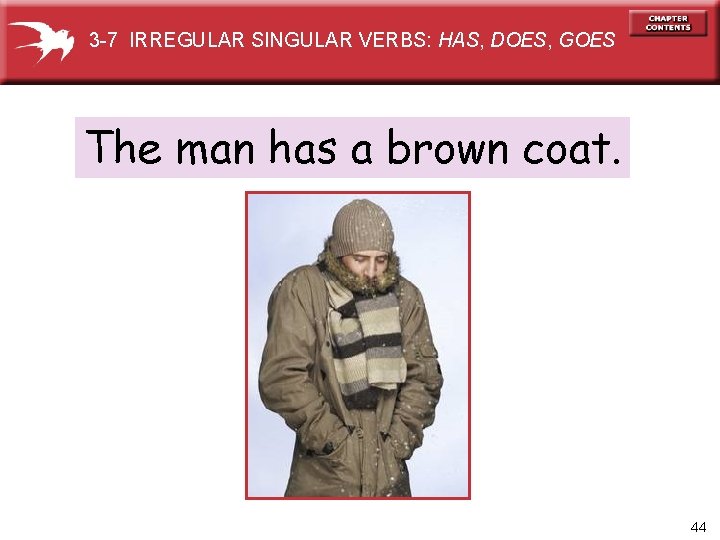 3 -7 IRREGULAR SINGULAR VERBS: HAS, DOES, GOES The man has a brown coat.