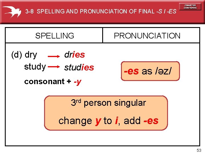 3 -8 SPELLING AND PRONUNCIATION OF FINAL -S I -ES SPELLING (d) dry study