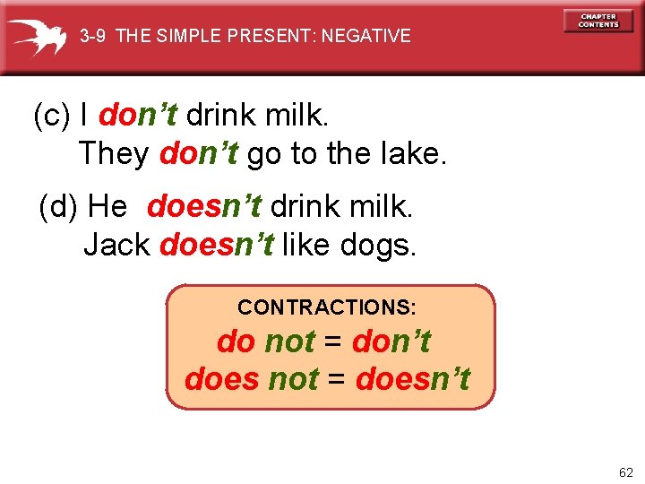 3 -9 THE SIMPLE PRESENT: NEGATIVE (c) I don’t drink milk. They don’t go