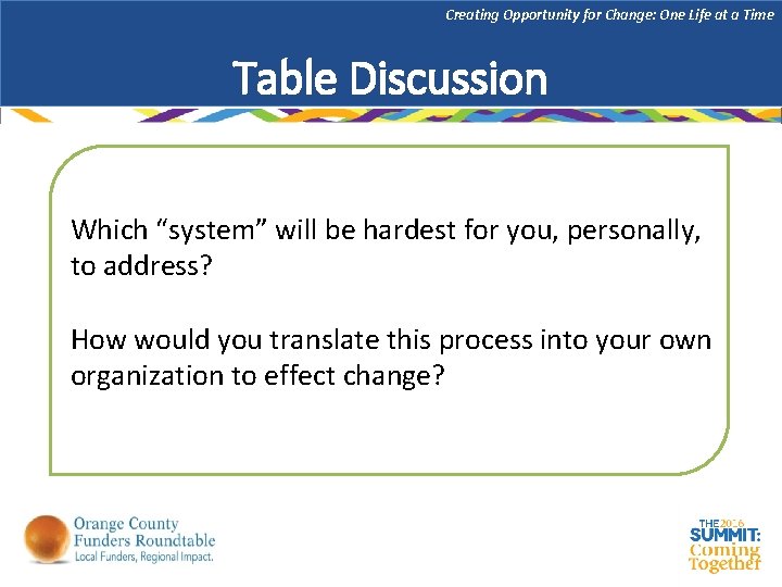 Creating Opportunity for Change: One Life at a Time Table Discussion Which “system” will