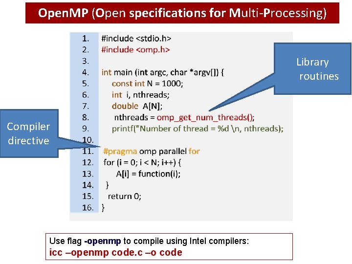 Open. MP (Open specifications for Multi-Processing) Library routines Compiler directive Use flag -openmp to