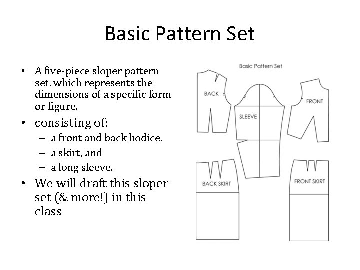 Basic Pattern Set • A five-piece sloper pattern set, which represents the dimensions of