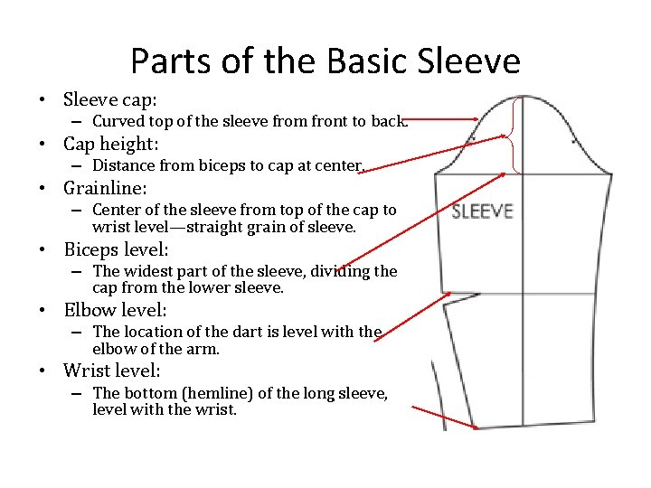 Parts of the Basic Sleeve • Sleeve cap: – Curved top of the sleeve