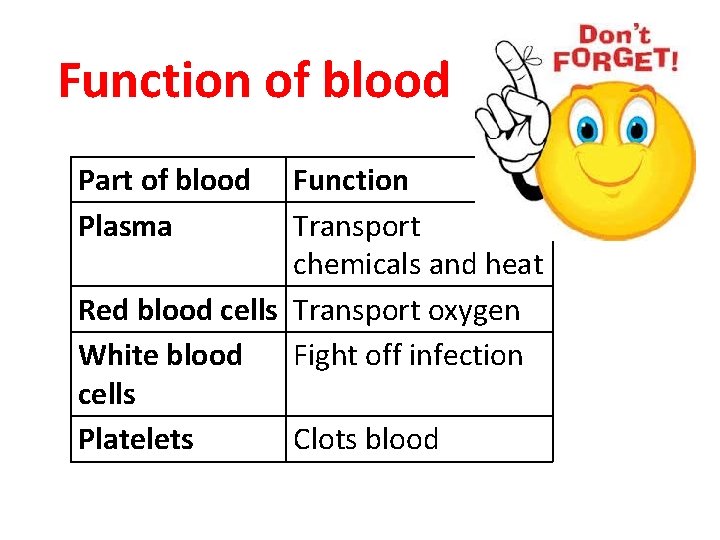 Function of blood Part of blood Plasma Function Transport chemicals and heat Red blood