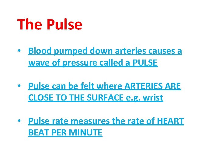 The Pulse • Blood pumped down arteries causes a wave of pressure called a
