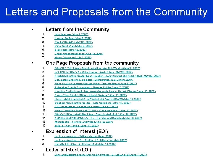 Letters and Proposals from the Community • Letters from the Community 1. 2. 3.
